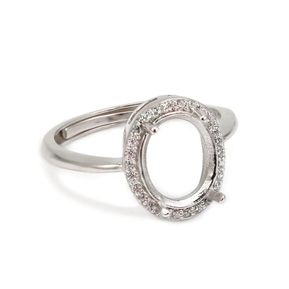 Anel ajustável com pavê para montagem oval 8x10mm - zircônia cúbica e prata 925 rodinada x 1 unidade