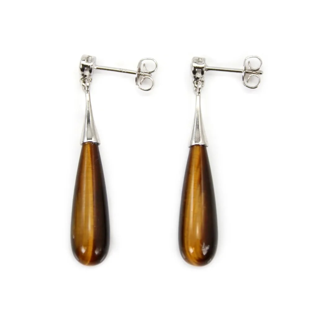 Tiger Eye drop earrings 7x23mm - Rhodium-plated 925 Silver x 2pcs