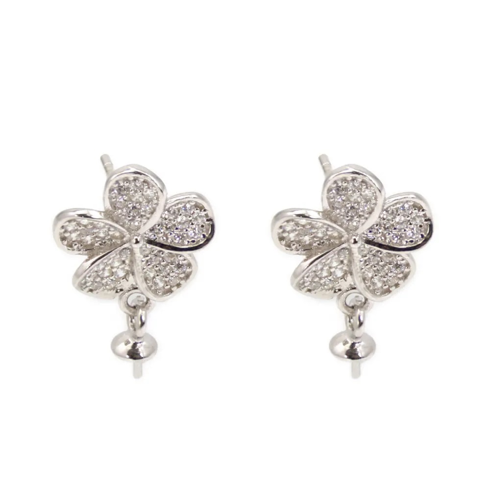 Ohrringe Blume für halb durchbohrt 12x19mm - Zirkonia & Rhodiniertes Silber 925 x 2 Stück