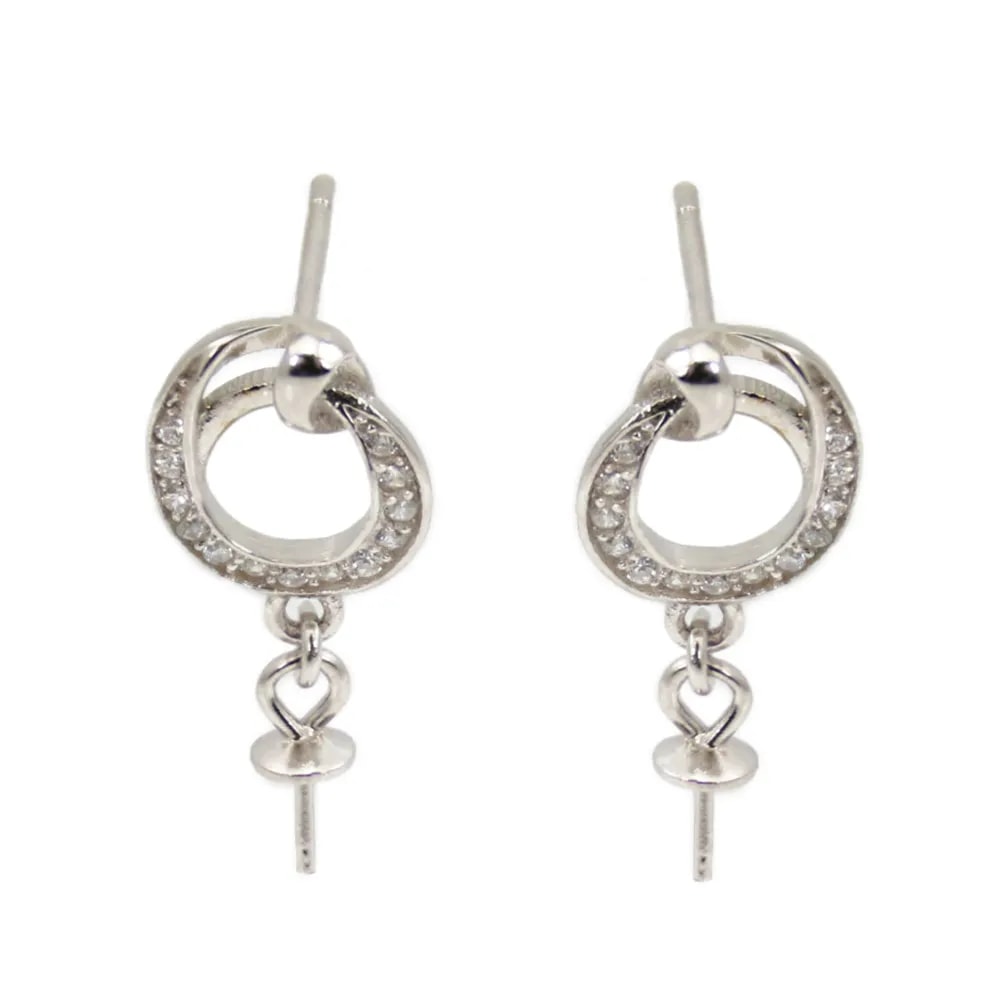 Stylized oval ear studs for semi-pierced ears 8x18mm - zirconium oxide & Rhodium-plated Silver x 2pcs