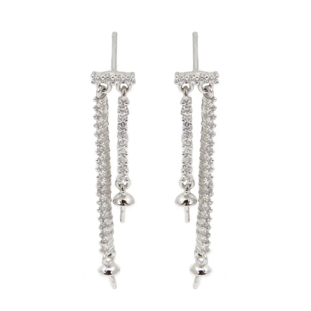 Clous d'oreilles double barres pavés pour semi percée 6x34mm - oxyde zirconium & Argent 925 rhodié x 2pcs