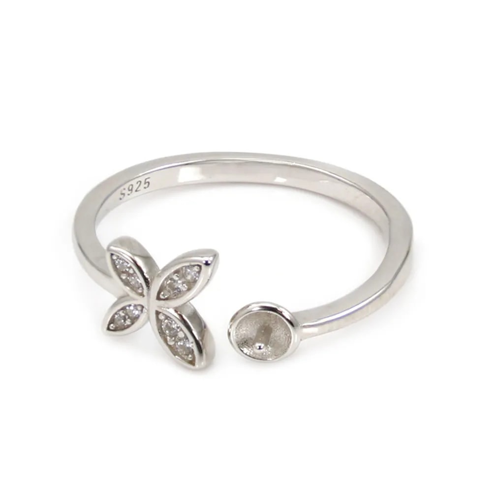 Anello sottile regolabile a fiore per semi percée - zircone cubico & Argento 925 rodio x 1pc