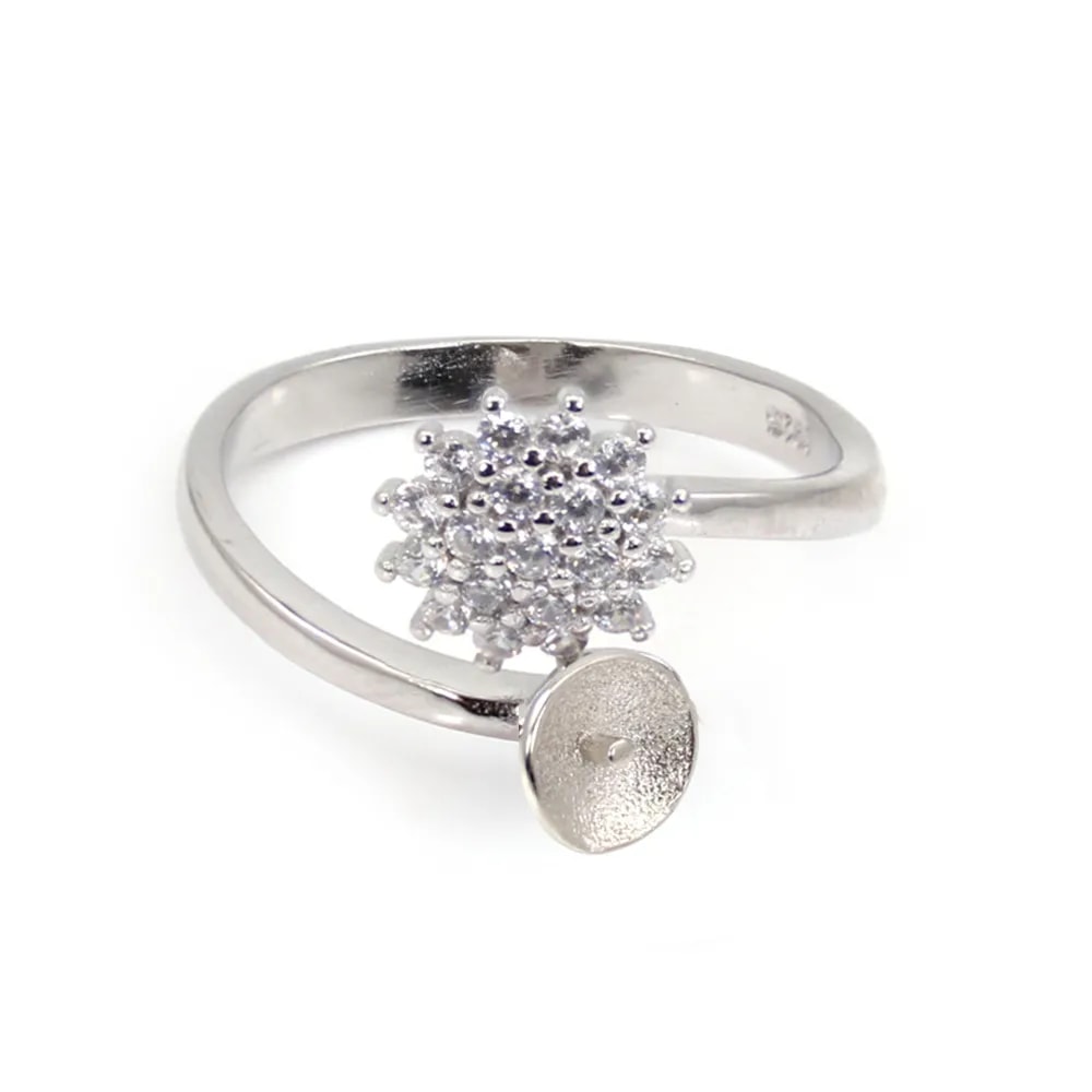Adjustable Dhalia ring for semi pierced - cubic zirconia & Rhodium-plated Silver x 1pc