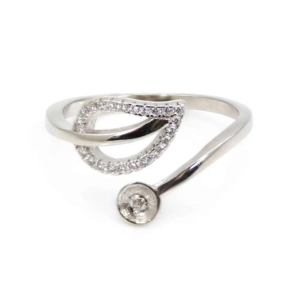 Adjustable leaf ring for semi pierced - cubic zirconia & Rhodium plated Silver x 1pc