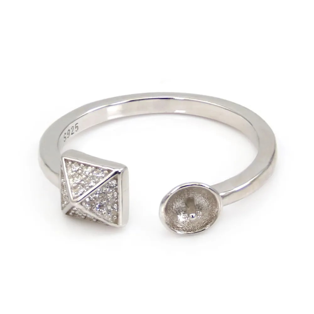 Adjustable pyramid ring for semi pierced - cubic zirconia & Rhodium plated Silver x 1pc