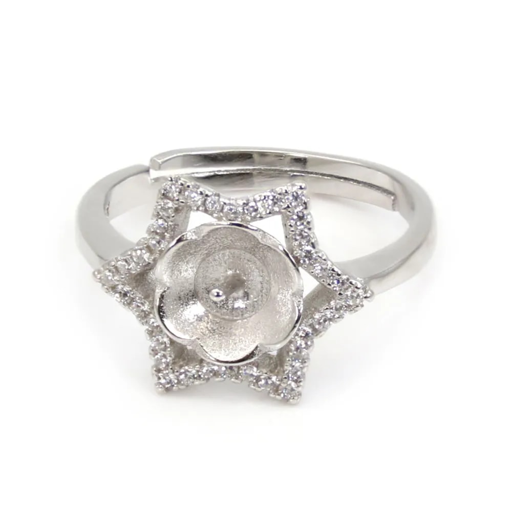 Anillo ajustable de estrella para semi perforado - circonita cúbica y Plata de Ley 925 rodinada x 1ud.