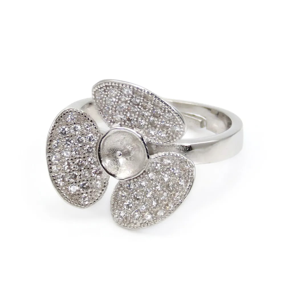 Bague réglable fleur 3 pétales pour semi percé - oxyde zirconium & Argent 925 rhodié x 1pc