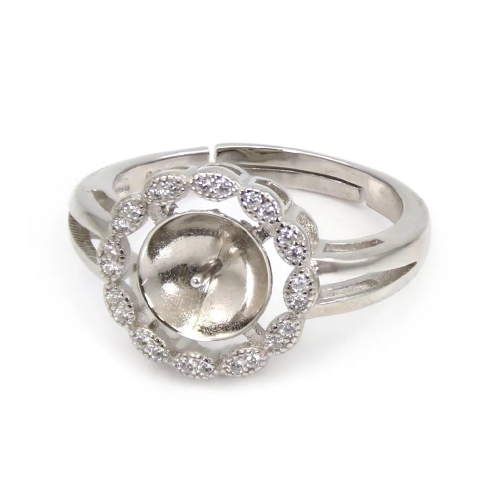 Anillo ajustable con círculo estilizado para semi percé - circonita cúbica y Plata de ley 925 rodinada x 1ud.