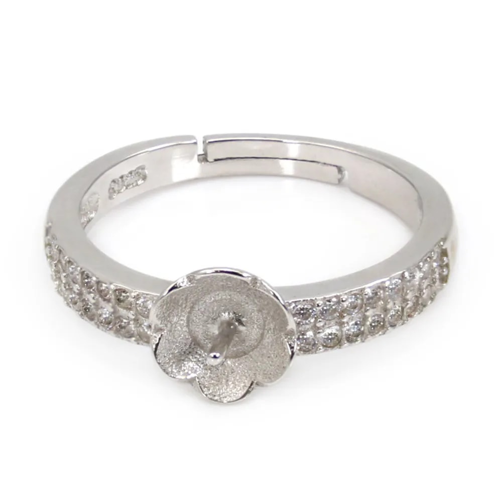 Anillo ajustable coupelle flor para semi perforado - circonita cúbica y Plata de Ley 925 rodinada x 1ud