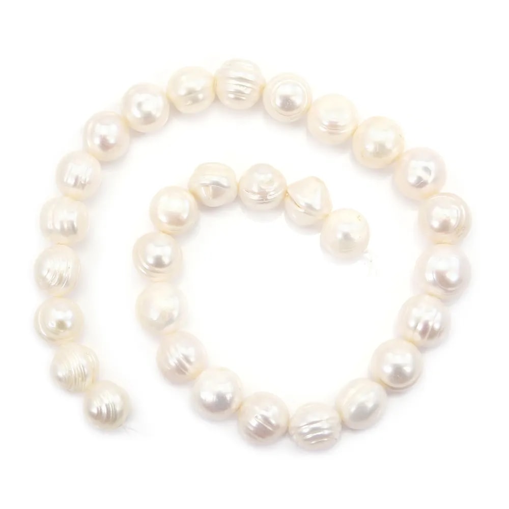Perles de culture d'eau douce, blanche, ovale/irrégulière, 11-13mm x 37cm