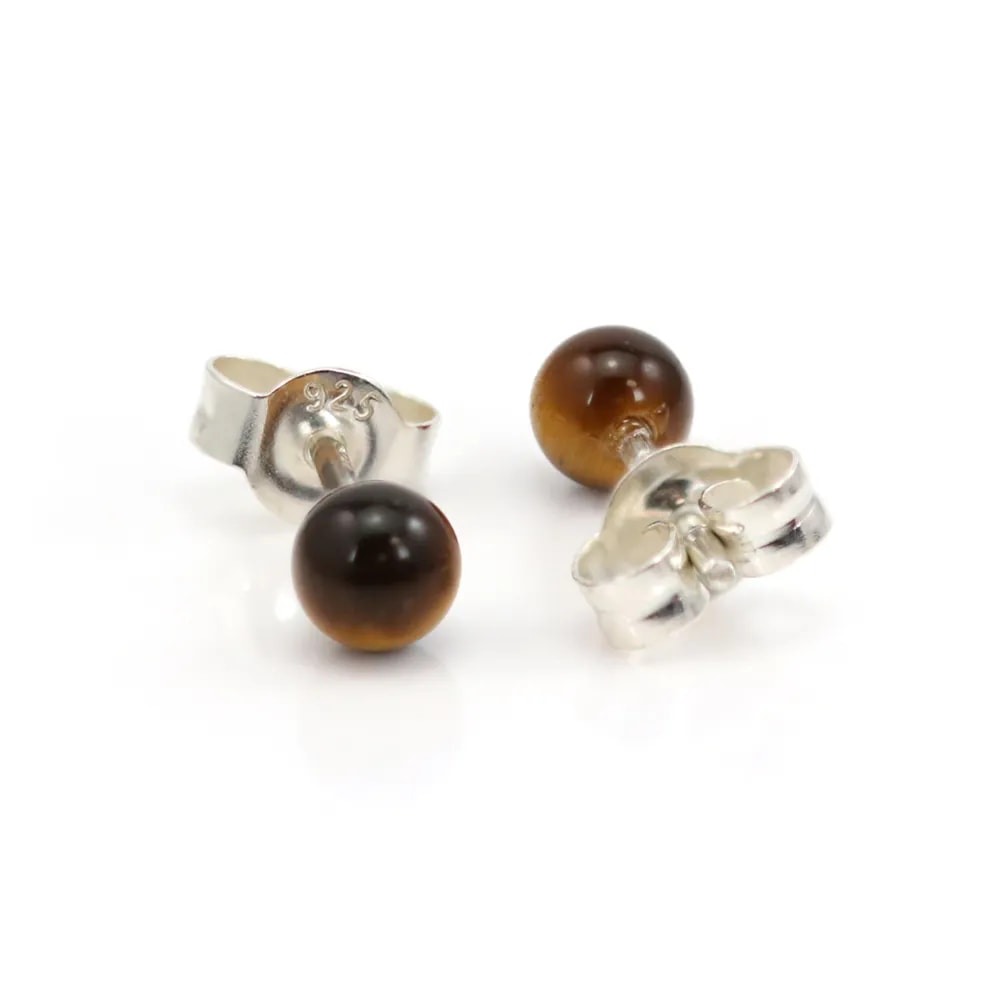 Tigeraugen-Ohrringe 4mm - Rhodiniertes 925er Silber x 2 Stücke