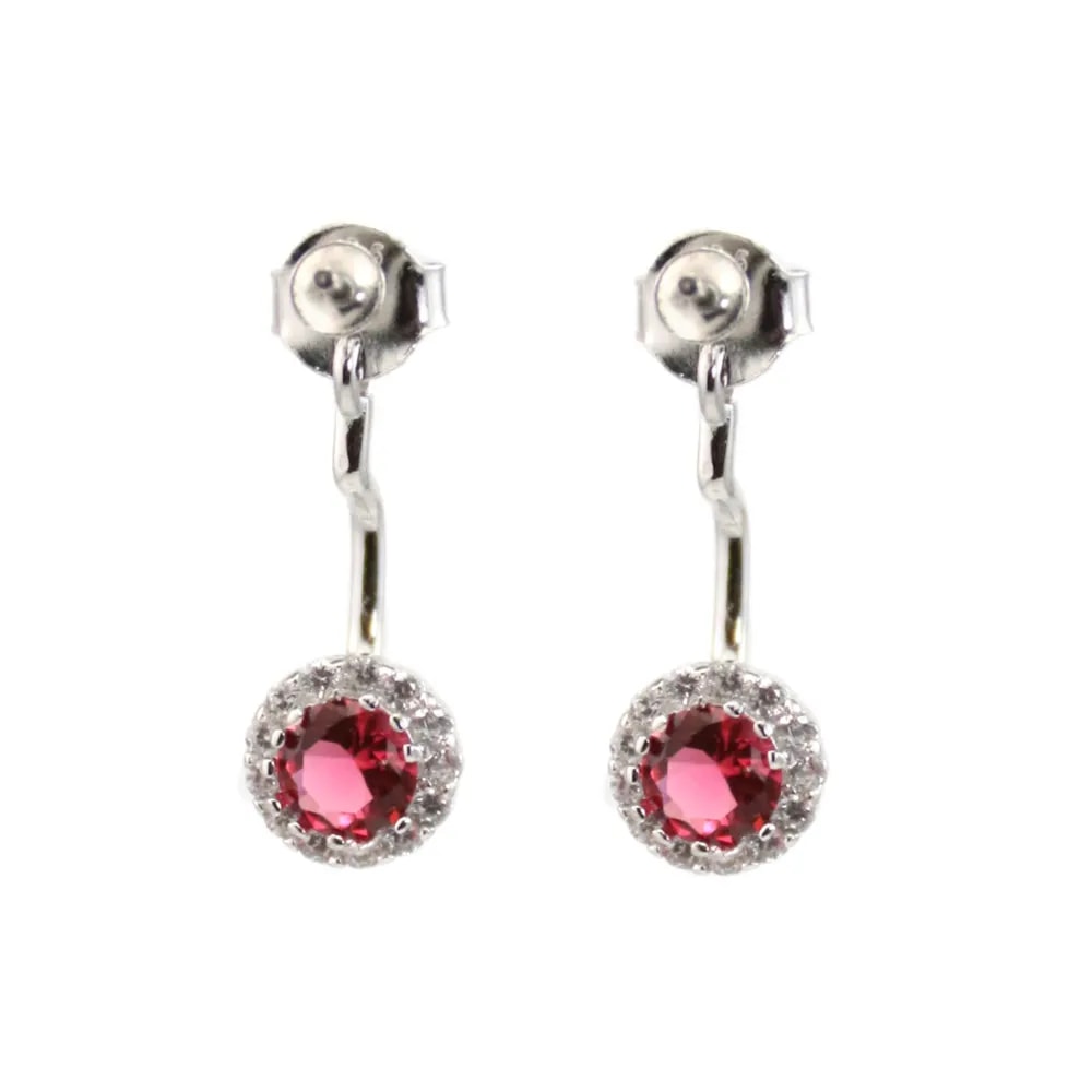 Earrings studs & Pushbacks round red set for semi pierced 7x20mm - cubic zirconia & Rhodium plated Silver x 2pcs