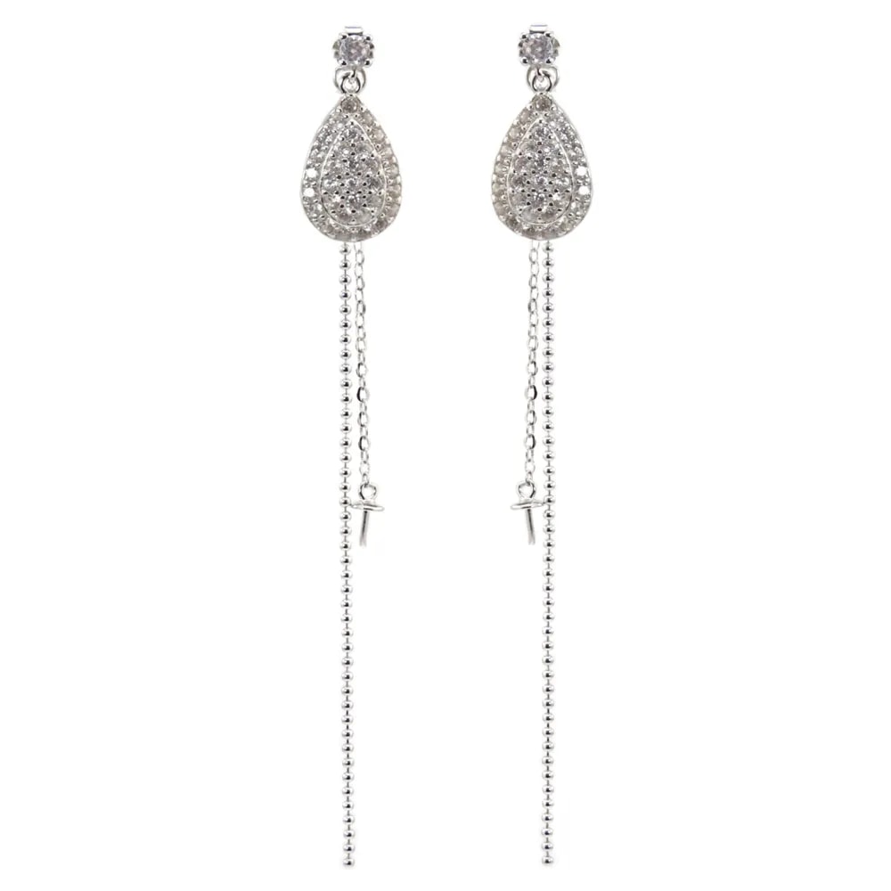 Clous d'oreilles goutte pavé et Poussoirs chaînettes pour semi percé 10x21mm - oxyde de zirconium & Argent 925 rhodié x 2pcs