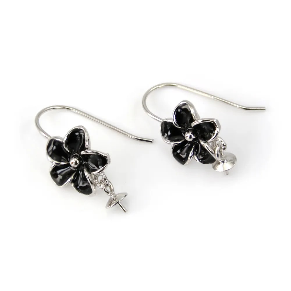 Ganchos de oreja flor negra 10x23mm en plata 925 rodiado para semi-perforado con montaje personalizable