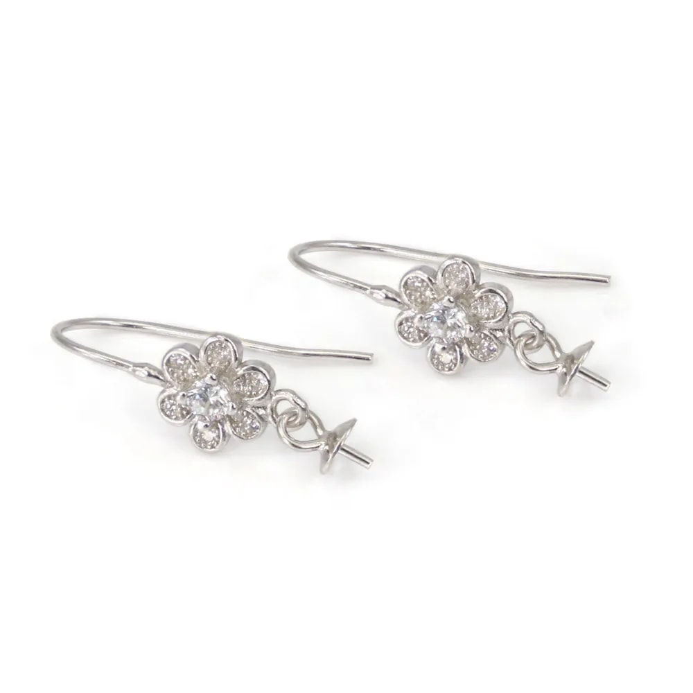 Earring hooks flower for half-drilled beads in rhodium-plated 925 silver with zirconium