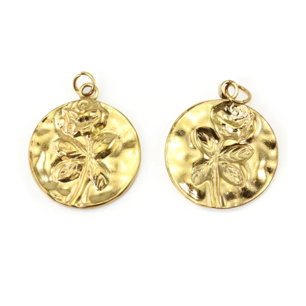 Pendentif médaillon rose 18x21mm - Acier Inox 304 doré x 1pc