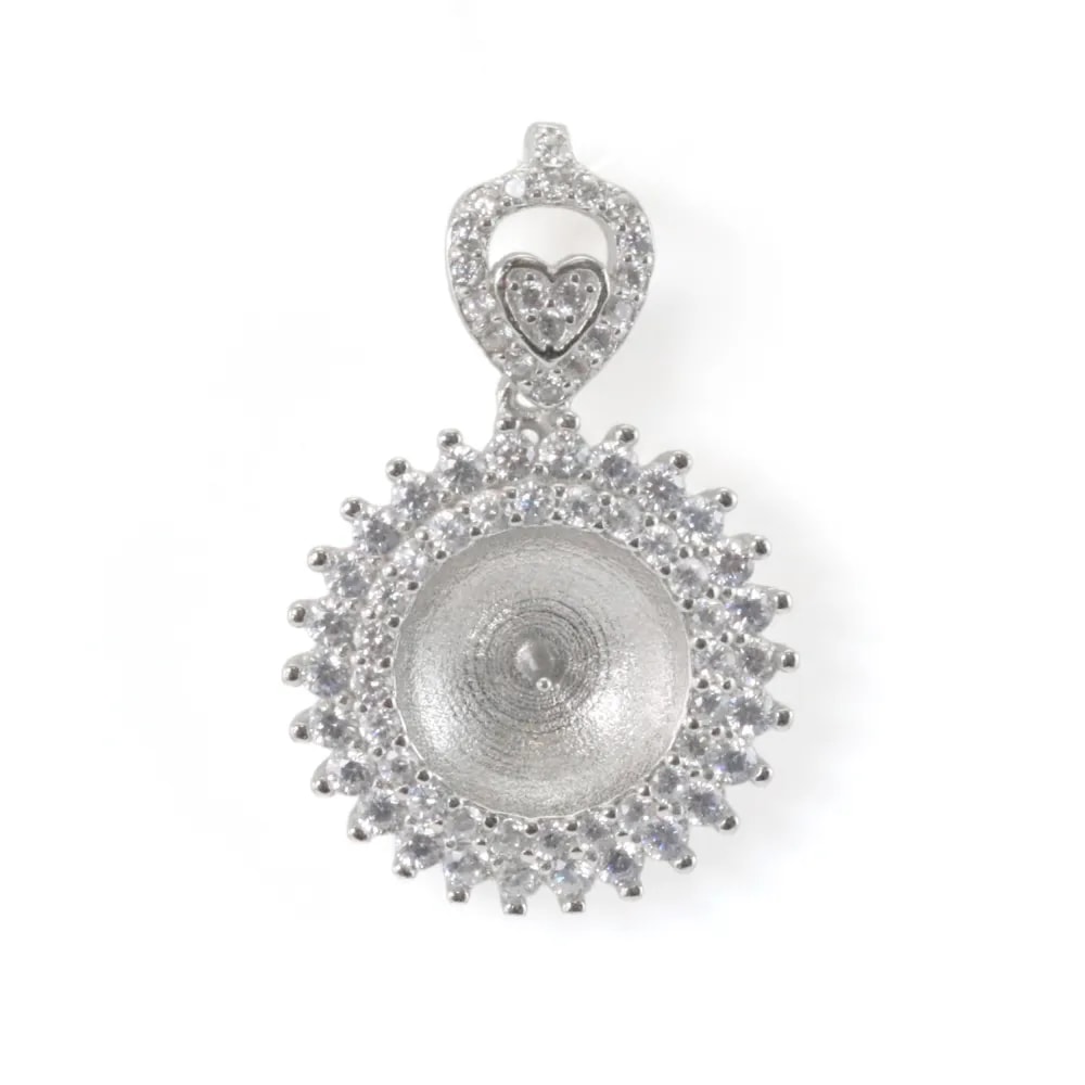 Bélière rond pavé & coeur pour semi percée 19x30mm - Oxyde de zirconium & Argent 925 rhodié x 1pc