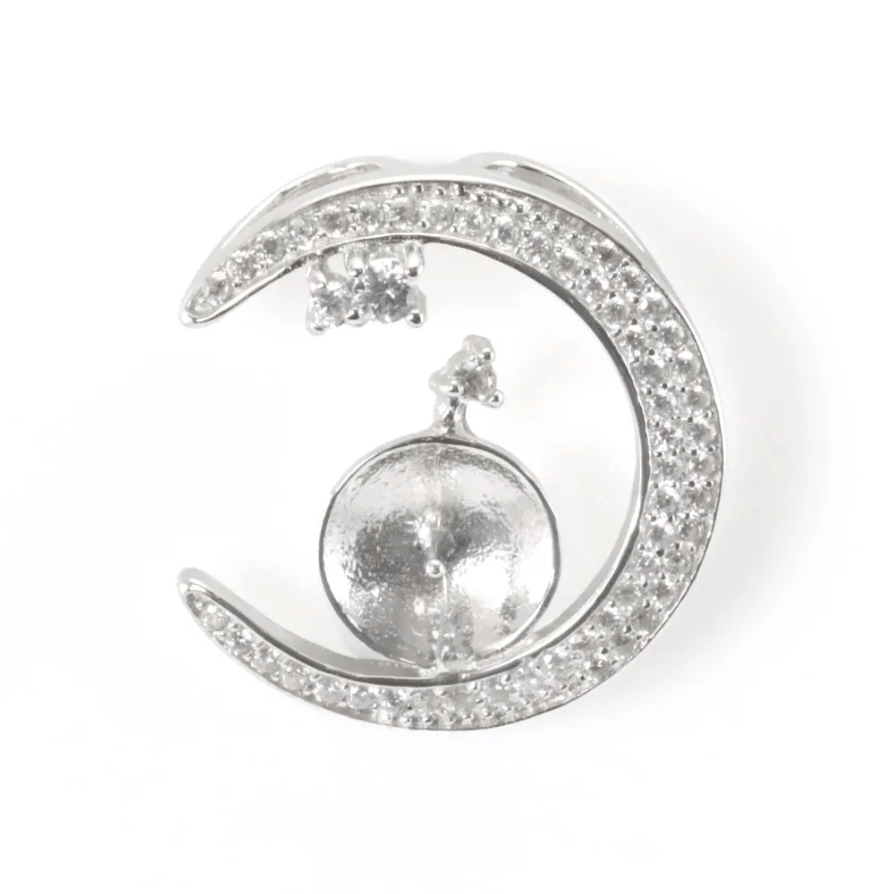 Crescent moon bail for half-drilled 20mm - Cubic zirconia & Rhodium-plated 925 Silver x 1pc