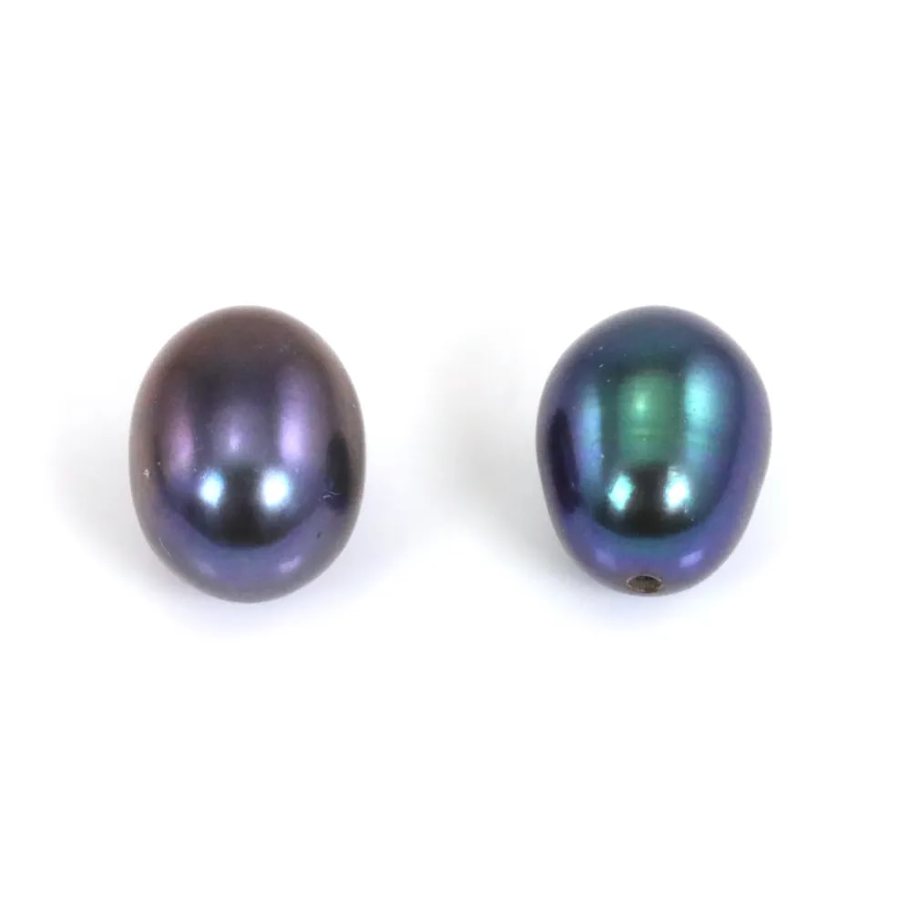 Perles de culture d'eau douce, semi-percée, bleue foncée, ovale, 7-7.5mm x 2pcs