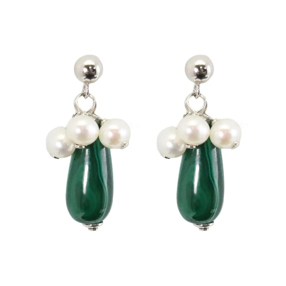 Boucles d’oreilles argent 925 malachite & perles d'eau douce x 2pcs