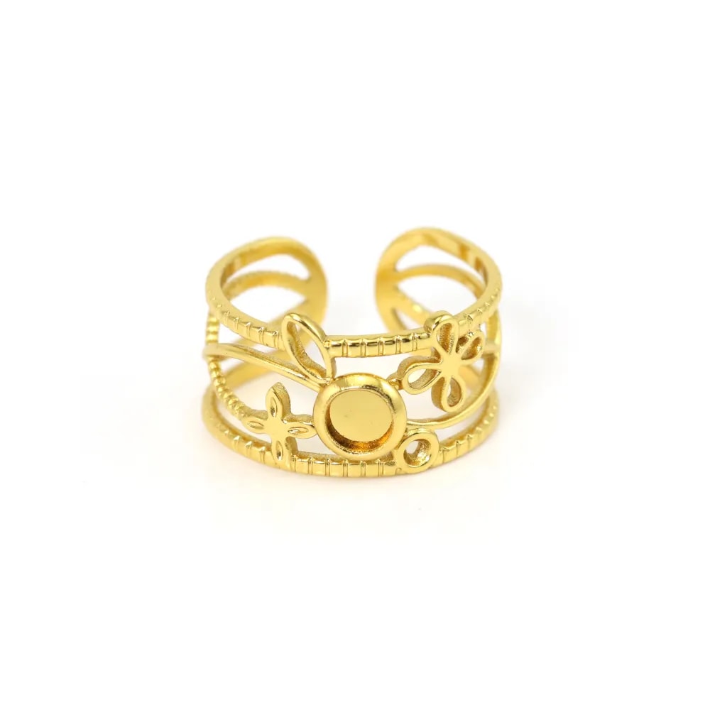 Adjustable multi-row flower ring for 4mm cabochon - 304 gold stainless steel x 1pc