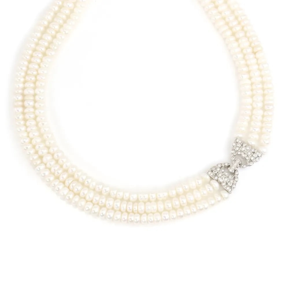 Collier Perle de culture blanche rondelle 5mm - 3 rangs - Argent 925 rhodié x 1pc