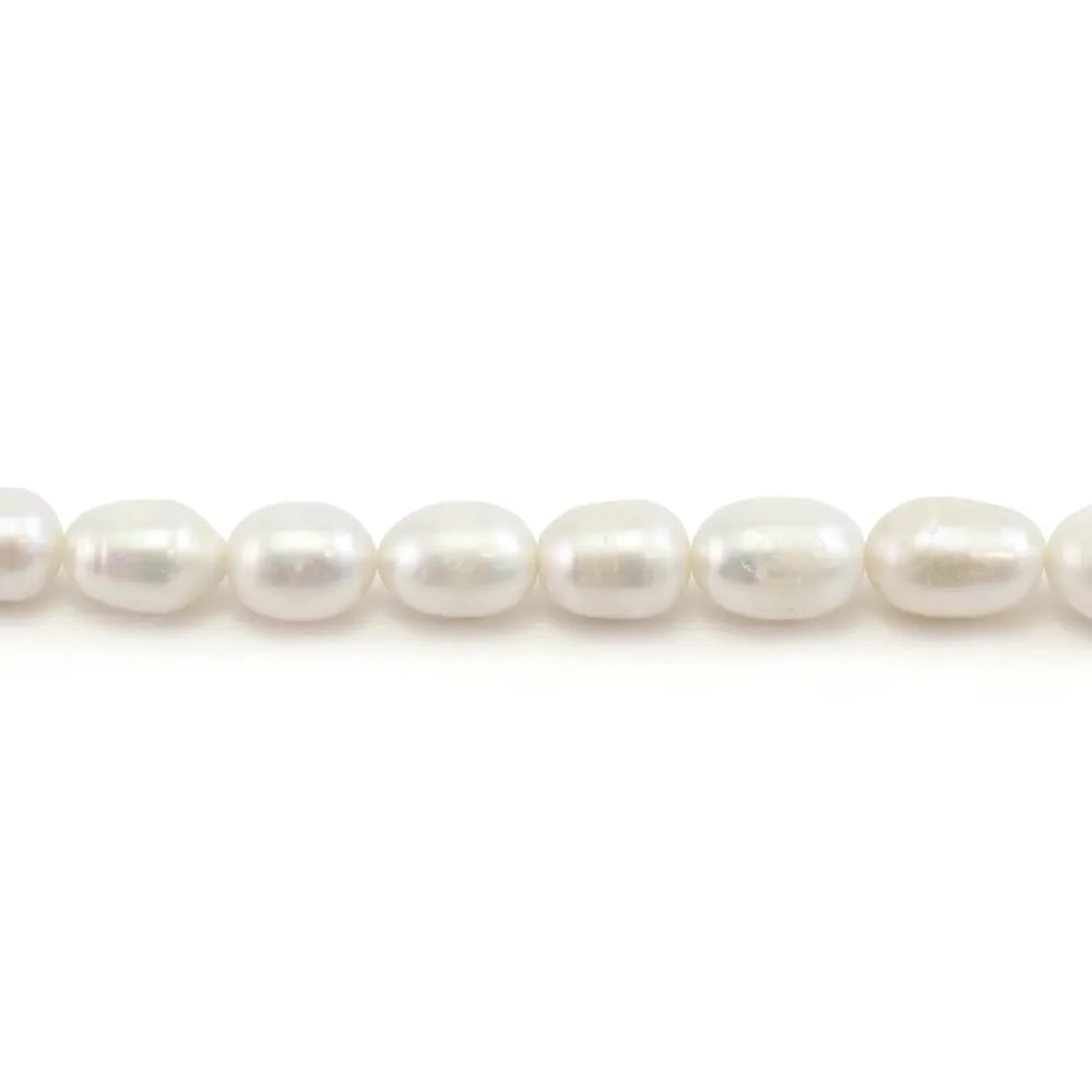 Freshwater cultured pearls, white, olive, 7-8mm x 38cm