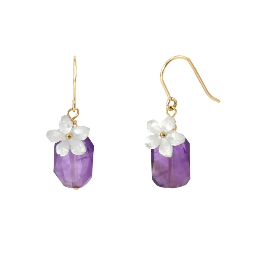 Boucles d'oreilles fleuries - Nacre & Améthyste - Gold Filled x 2pcs