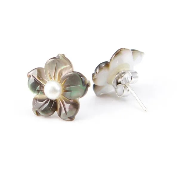 Boucles d'oreilles : nacre grise en fleur & argent 925 15mm x 2pcs 