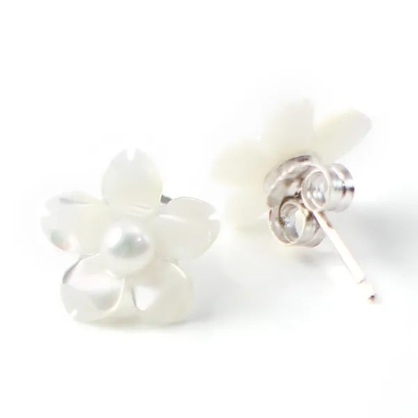 Earring silver 925 white shell  flower  12mm x 2pcs 