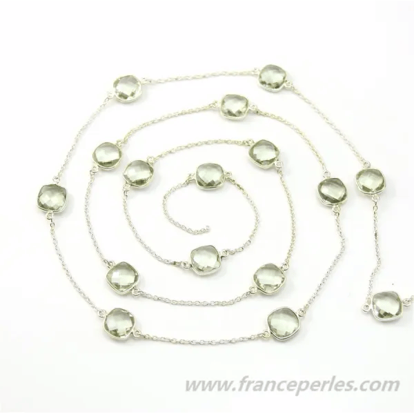 Chaîne Argent  avec Prasiolite Sertie Carré  11mm x 50cm