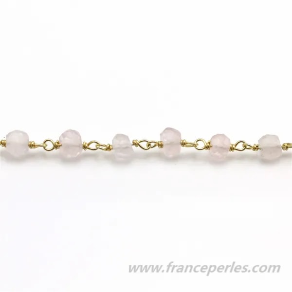 Chaîne Argent Doré avec Quartz Rose en 4-5mm x 20cm