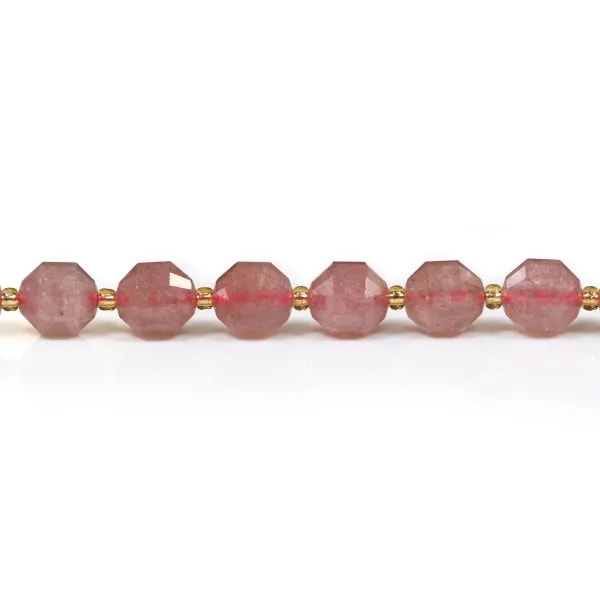 Quatz fraise,en forme d'octogonal facette sur fil 10mm x 40cm