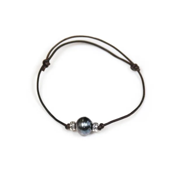 Bracelet en cuir avec perles de culture de Tahiti