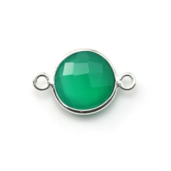 Agate verte ronde facettée 2 anneaux sertie sur argent 925 11mm x 1pc