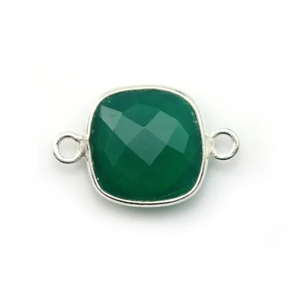 Agate verte en coussin facetté 2 anneaux sertie sur argent 925 11mm x 1pc