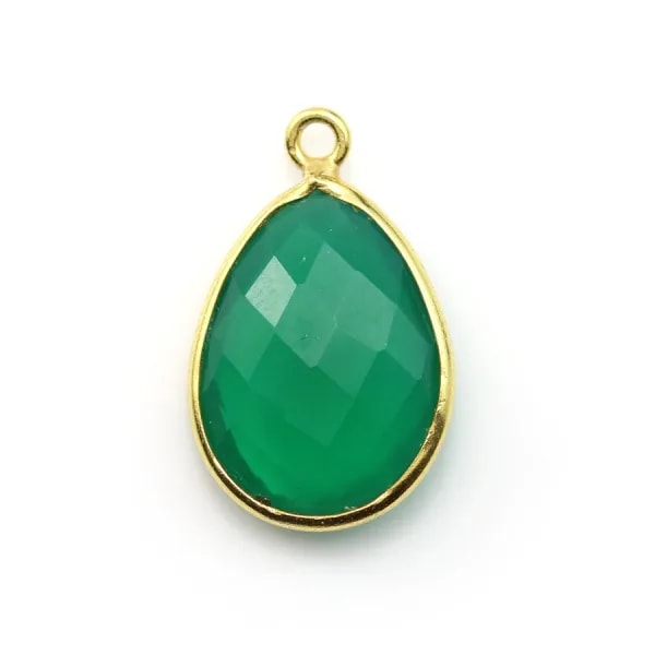 Agate verte goutte facettée sertie sur argent doré 13x17mm x 1pc