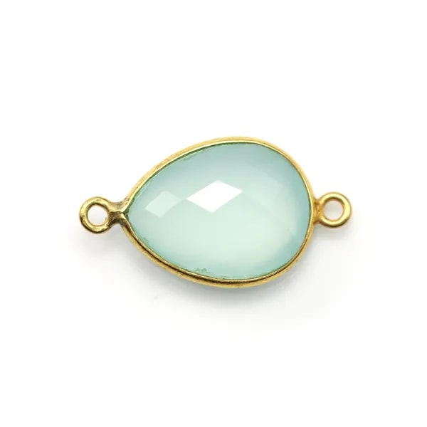 Calcédoine goutte facettée sertie sur argent 925 doré à l'or fin 2 anneaux 13x17mm x 1pc
