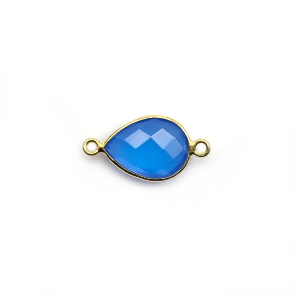 Calcédoine bleu goutte facettée sertie sur argent doré 2 anneaux 11x15mm x 1pc