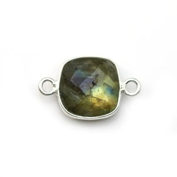 Labradorite coussin facette sertie sur argent 925 2 anneaux 11mm x 1pc