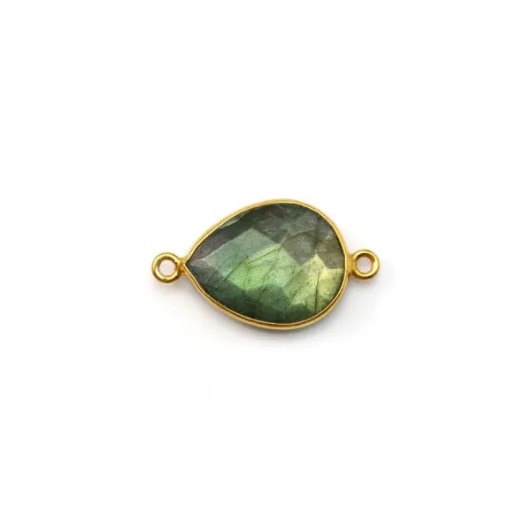 Labradorite goutte facette sertie sur argent 925 doré à l'or fin 2 anneaux 11x15mm x 1pc