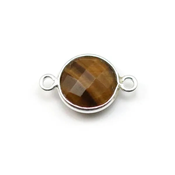 Oeil de tigre rond, 2 anneaux, serti sur argent, 11mm x 1pc