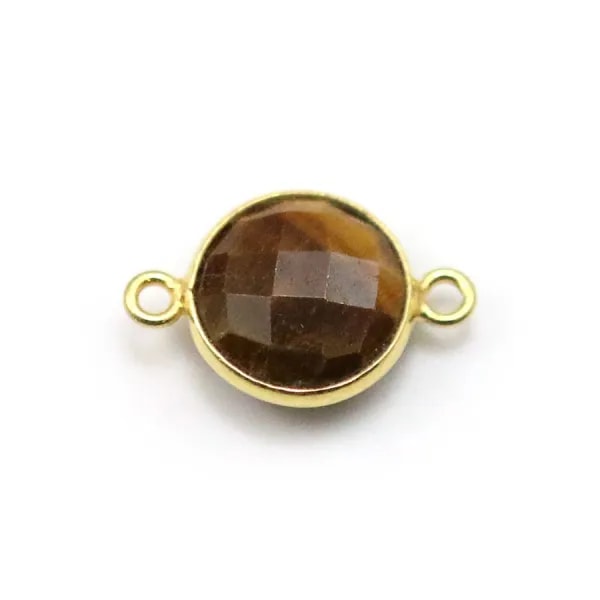 Oeil de tigre rond, 2 anneaux,  serti sur argent doré 11mm x 1pc
