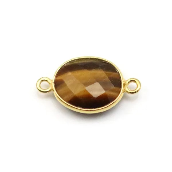 Oeil de tigre oval, 11x13mm, 2 anneaux sertie sur argent doré x 1pc