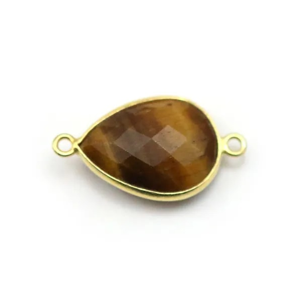 Oeil de tigre, goutte 2 anneaux serti sur argent doré, 13x17mm x 1pc