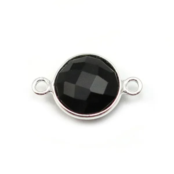 Agate noire ronde 2 anneaux serti en argent 925 x 1pc