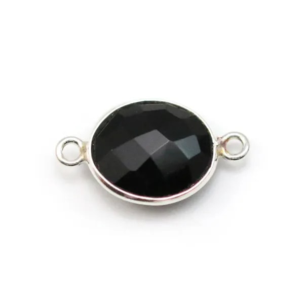 Agate noir de forme ovale, 2 anneaux, sertie en argent , 11x13mm x 1pc