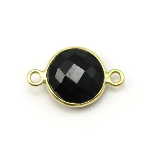 Agate noir de forme ronde, 2 anneaux, sertie en argent doré, 11mm x 1pc