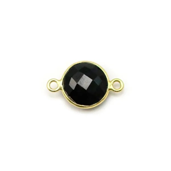 Agate noir de forme ronde, 2 anneaux, sertie en argent doré, 9mm x 1pc
