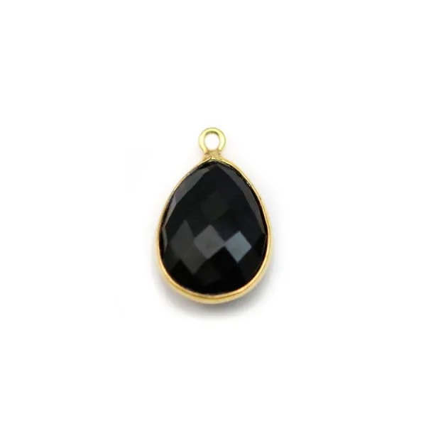 Agate noir en forme de goutte, 1 anneau, sertie en argent doré 11x15mm x 1pc